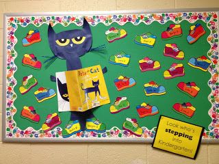 Pete the Cat bulletin board Pete The Cat Bulletin Board, Cat Bulletin Board, Kindergarten Bulletin Boards, Preschool Boards, Pete The Cats, Birthday Bulletin Boards, Birthday Bulletin, Preschool Bulletin, Library Bulletin Boards