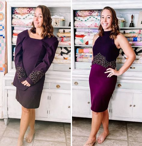 Woman Modifies Old Thrift Store Clothes To Create New Outfits And Here Are 25 Of Her Best Works (New Pics) Dress Into Skirt, Thrift Store Clothes, Remake Clothes, Thrift Store Upcycle, Recycled Outfits, Thrift Store Outfits, Fast Fashion Brands, Thrifted Outfits, Altering Clothes