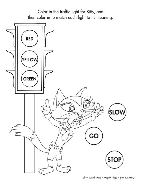 Help Ranger Kitty determine the correct traffic lights.  #coloring #freeprintable #kidactivity Traffic Signal Worksheet For Kids, Traffic Light Coloring Page, Garret Morgan Activities For Kids, Traffic Light Worksheet, Ladybird Activities, Garret Morgan, Light Coloring Page, Garrett Morgan, Road Traffic Safety