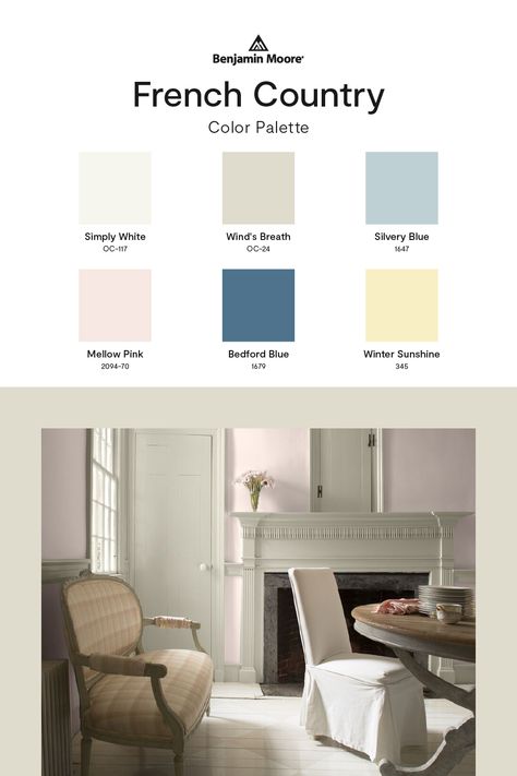 Evoke the rustic chic glamour of the French country decor with this paint color palette, curated by our color experts. French Style Color Palette, Country Romance Paint Colors, French Farmhouse Paint Colors Interior, French Modern Color Palette, French Country Paint Colors Living Room, French Country Kitchen Color Palette, French Country Paint Palette, French Country House Colors, French Country Kitchen Paint Colors