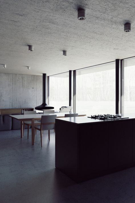 Exposed concrete ceiling/soffit Project Architecture, Kitchen And Dining Area, Concrete Light, Concrete Ceiling, Small Farmhouse, Exposed Concrete, Concrete House, Courtyard House, Poznan