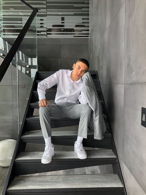 Suits And Cars Men, Suit With Air Force 1 Men, Suit With Nike Sneakers, Suit And Sneakers Men Outfits, Suit With Sneakers Mens, White Air Force 1 Outfit Men, All White Superstars, Outfits With Air Forces, Suit With Sneakers