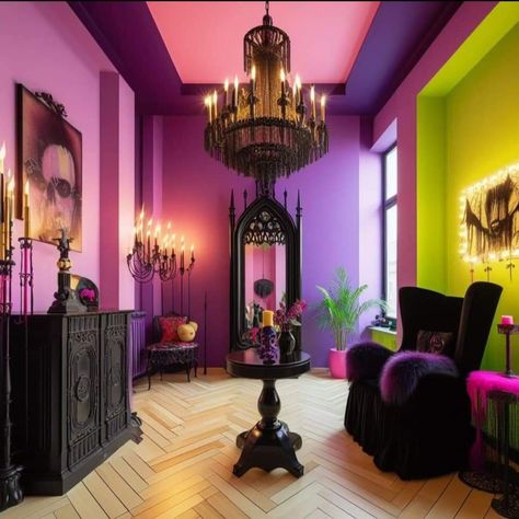 Pink Goth Interior Design, Pastel Goth Interior Design, Pastel Gothic Home Decor, Eccentric Interior Design, Eccentric Interior, Goth Interior Design, Goth Living Room, Goth Interior, Punk House