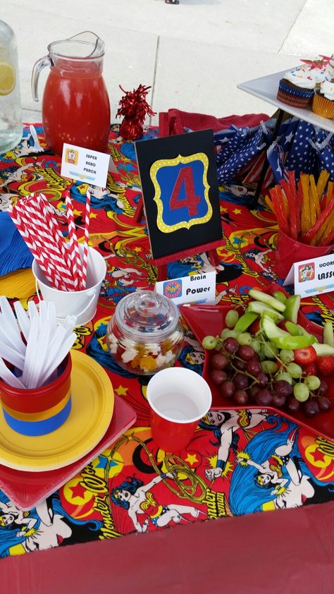 Wonder Woman themed party food display table Party Food Display, Food Display Table, Display Table, Food Display, Brain Power, Girls Birthday, Themed Party, Party Food, Girl Birthday