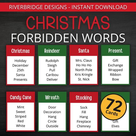 Have some fun this Christmas with our Christmas Forbidden Words Game! Whether you're playing with the family, throwing a party or celebrating at school, this game is sure to be a hit! Your purchase includes: - 72 Forbidden Words Cards - Blank Cards - Instructions (Pages are 8.5x11) NOT INCLUDED - Check out our Christmas Mega Game Bundles for even more fun: https://www.etsy.com/ca/listing/1555298572/christmas-mega-game-bundle-printable?click_key=204f45772a207782901b8020c6bf523132a47eda%3A15552985 Christmas Word Games For Adults, Adults Christmas Party, Christmas Activity For Kids, Adult Christmas Party, Fun Christmas Party Games, Printable Christmas Games, Fun Christmas Games, Christmas Game, Christmas Names