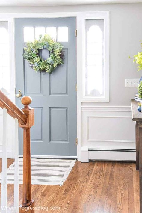 Decor tips for a small front entryway. Spring Home Tours 2018. Interior Front Door Color, Blue Interior Doors, Spring Entryway, Interior Front Door, Blue Gray Paint Colors, Blue Front Door, Front Door Paint Colors, Blue Gray Paint, Door Paint Colors