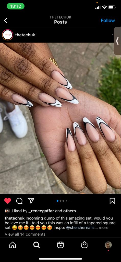 Black And White Double French Tip Nails, Black And White V Tip Nails, Black And White Opposite Nails, Black Outline French Tip Nails Coffin, Black French Tip White Outline, Black And White Nail Extensions, White Stilettos, Matte Black Nails, Graduation Nails