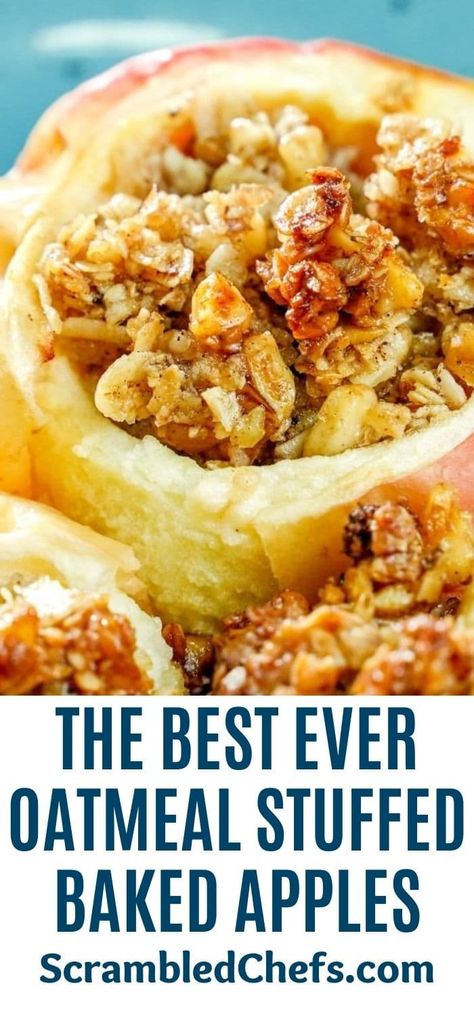 Baked apples with oatmeal filling and chopped walnuts are the perfect sweet treat for dessert or even a special breakfast! Baked Apples With Oatmeal Filling, Oatmeal Baked Apples, Baked Apples With Oatmeal Topping, Oatmeal Stuffed Baked Apples, Stuffed Baked Apples Recipe Oven, Oatmeal Apple Bake, Apple Oatmeal Bake Breakfast, Stuffed Apples Baked, Baked Apples With Oatmeal