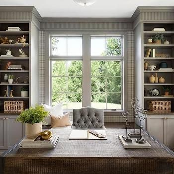 Grey Plaid Wallpaper, Den Library, Bria Hammel Interiors, Bria Hammel, Modern Tudor, Library Office, Grey Office, Plaid Wallpaper, Tudor Style Homes