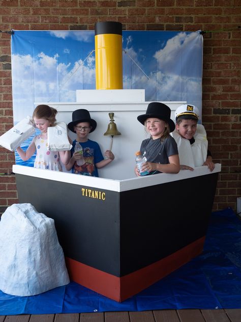 Titanic Photo Booth, Titanic Bday Party, Titanic Theme Birthday Party, Cruise Ship Birthday Party Ideas, Titanic Trunk Or Treat, Battleship Birthday Party Ideas, Titanic Themed Party Decoration, Titanic Party Favors, Cruise Ship Party Theme