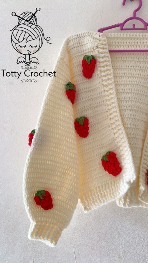 Crochet Daisy Cardigan, Strawberry Cardigan, Crochet Cardigan Tutorial, Crochet Sweater Design, Y2k Cardigan, Crochet Baby Boots, Crochet Cardigan Sweater, Crochet Fruit, Crochet Daisy