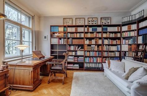 Home Study Room Personal Library, Blue Home Offices, Vintage Desks, Home Library Rooms, Home Office Cabinets, Small Home Offices, Home Library Design, The Home Edit, Personal Library