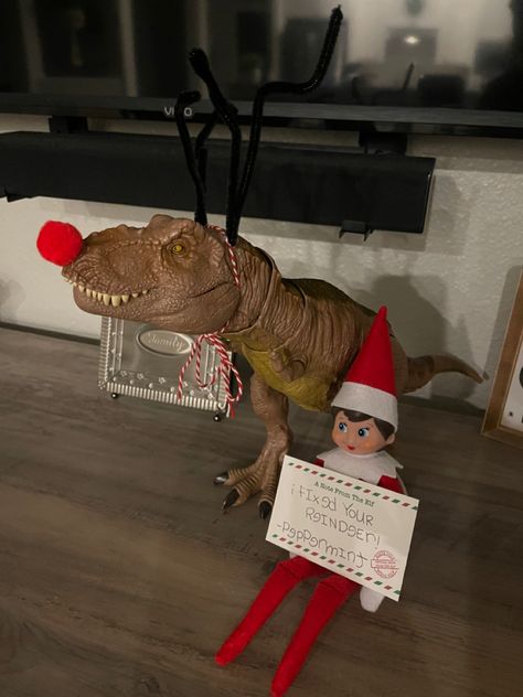 Elf On The Shelf New Years Eve, Elf On The Shelf Dinosaur Ideas, Dino Elf On The Shelf, Elf Dinosaur, Elf On The Shelf And Dinosaurs, Elf On The Shelf Riding Dinosaur, Elf Ideas Easy, Jesus Birthday, Christmas Collage