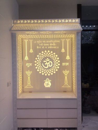 Corian Mandir Design With Door, Mdf Mandir Design, Temple Cnc Design For Home, Mandir Cnc Jali Design, Mdf Jali Design For Mandir, Mandir Back Wall Design, Corian Mandir Design, Puja Design, Ganesha Decoration