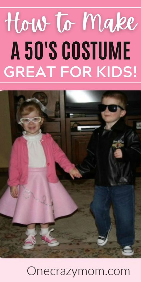 Learn how to make an easy DIY 50s Halloween costume for kids. With a few simple supplies, anyone can make this inexpensive costume that is so cute too. This DIY costume is the best last minute costume idea that works for girls and boys too! These Women 50 style costume is adorable and affordable too! #onecrazymom #diycostumes #halloween #halloweencostumes 50s Family Halloween Costume, Easy 1950s Costume, Girls 50s Outfit Kids Diy, Toddler Grease Costume Boy, Diy 50s Costume Kids, 50s Halloween Costume, Kids 50s Costume, 50s Halloween Costumes, 50s Halloween