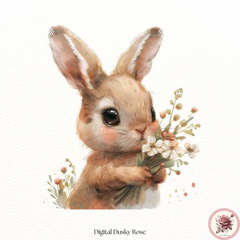 Rabbit With Flowers, Art For Spring, Bunny Clipart, Flowers Clipart, New Baby Gift, Neutral Palette, Spring Crafts, New Baby Gifts, Baby Gift