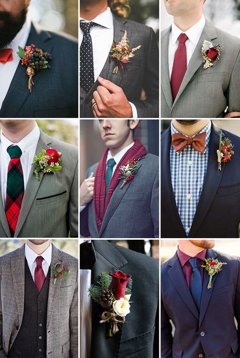 christmas groom attire and bountanniere ideas Christmas Wedding Mens Attire, Winter Wedding Groom Attire, Chelsea Houska Wedding Dress, Christmas Theme Wedding, Junior Bride Dresses, Christmas Groomsmen, Men's Suiting, Christmas Wedding Ideas, Christmas Wedding Dresses