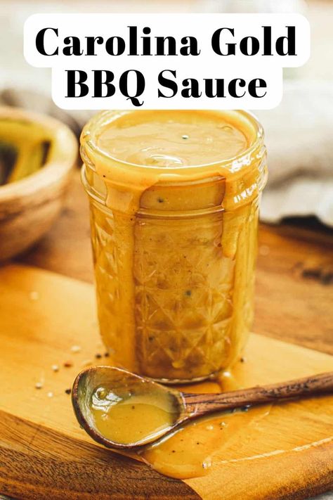 Carolina gold bbq sauce dripping down the side of a jar. Carolina Gold Bbq Sauce Recipe, Carolina Gold Sauce, Carolina Gold Bbq Sauce, Mustard Based Bbq Sauce, Gold Bbq Sauce, Chicken Ribs, Carolina Bbq, Carolina Bbq Sauce, Mustard Bbq Sauce