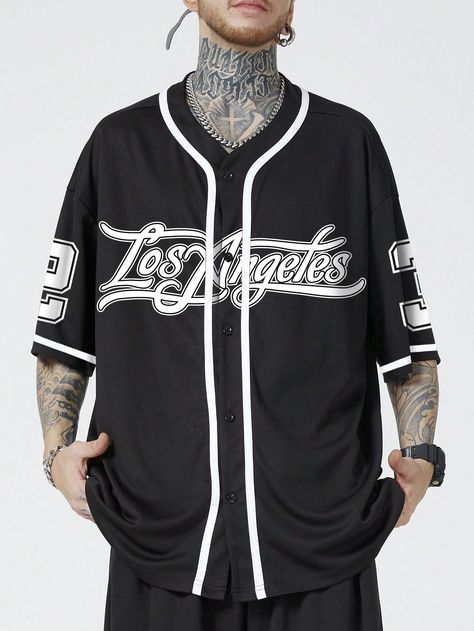 Black Casual Collar Half Sleeve Knitted Fabric Letter Shirt Embellished Slight Stretch  Men Clothing Baseball Jersey Outfit, Los Angeles Graphic, Letter Shirt, Trend 2024, Jersey Outfit, Men Tops, Baseball Shirts, Mens Fashion Trends, Kids Sleepwear