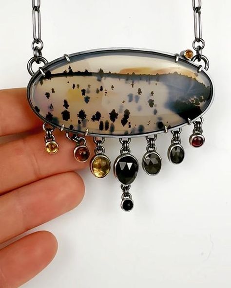 Talulet | Heather Croston on Instagram: "A brand new statement necklace with a stunning, landscape like Montana agate, accented with tourmaline, black spinel, citrine and garnet. This handmade necklace is made of sterling silver with an oxidized patina. I love the way this piece moves! Just listed in the shop. See link in bio. . . . #montana #montanaagate #montanaagatejewelry #statementnecklace #starementjewelry #summerfashion #boho #bohostyle #handmadejewelry #handmadejewellery" Montana Agate, Black Spinel, Dainty Earrings, Handmade Necklace, Jewelry Ideas, Handmade Necklaces, Citrine, Instagram A, Montana