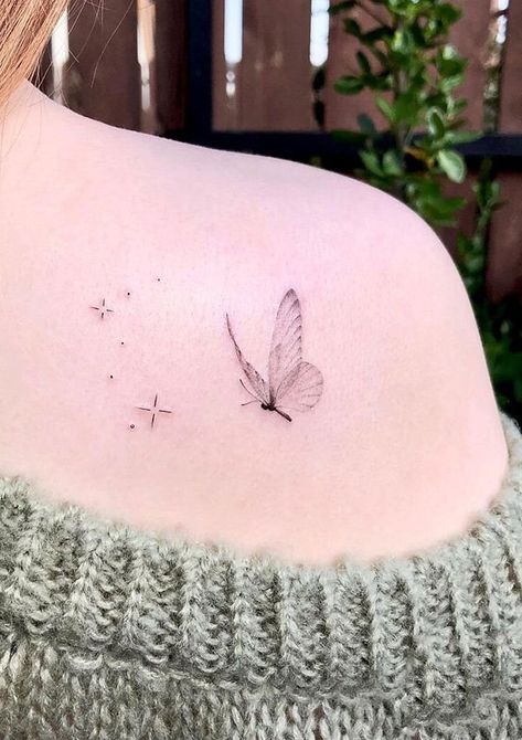 100 Unique Butterfly Tattoo Ideas (Best Butterfly Tattoos) - The Trend Scout Butterfly Tattoo With Words In Wings, Boho Butterfly Tattoo, Flying Butterflies Tattoo, Butterfly Star Tattoo, Butterfly Trail Tattoo, Line Work Butterfly Tattoo, Butterfly Tattoo For Lost Loved One, Neck Tattoos Ideas, Flying Butterfly Tattoo