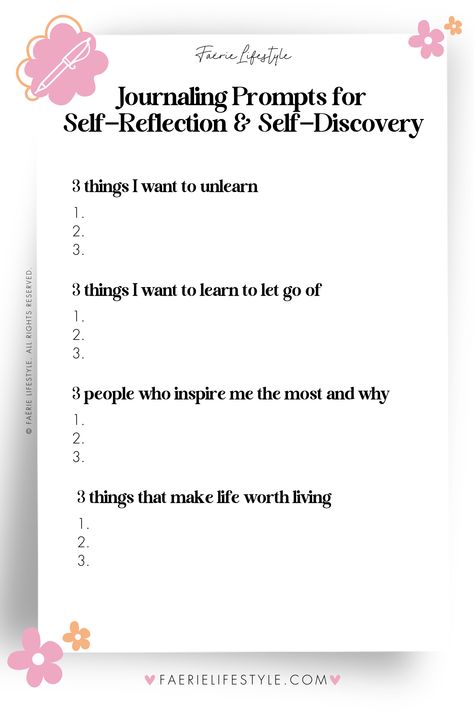 Looking to explore your inner self through journaling? These inspiring prompts are crafted to deepen self-reflection and spark self-discovery, guiding you toward greater clarity and understanding. Perfect for building self-awareness, uncovering your strengths, and creating a more meaningful connection with who you are. Save this pin to have these prompts ready for your next journaling session! Journaling Prompts, Learning To Let Go, Inner Self, Self Reflection, Meaningful Life, Self Worth, Intentional Living, Self Compassion, Self Awareness