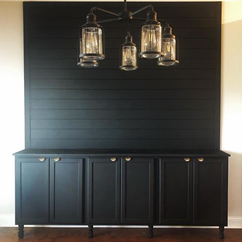 Black Cabinet Coffee Bar, Accent Wall Behind Bar, Accent Wall Cabinets, Black Built In Bar, Black Accent Wall Coffee Bar, Black Shiplap Bar, Coffee Bar Accent Wall Ideas, Bar Accent Wall, Coin Bar