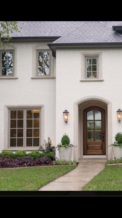 Neutral House Colors Exterior Stucco, Beige Window Trim Exterior, Creamy Stucco Exterior, Tan Window Trim Exterior Houses, White House Tan Windows, Cream Colored Houses Exterior, Brown Exterior Windows, Terra Cotta Brick House Exterior, Cream Houses Exterior