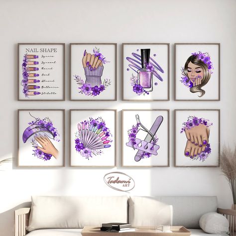 8 Nails Salon Poster, Purple Nails Art, Nail Shape Print, Manicure Salon Decor, Nails Artist Gift, Beauty Salon Decor, Nail Tech Poster This listing includes high-resolution JPG files that you can download immediately after purchase. You can print this unique art on canvas or paper and it will Nail Tech Salon Decor, Purple Nail Room Ideas, Purple Nail Salon, Nail Studio Ideas Home, Nail Studio Ideas Small Spaces, Purple Nails Art, Nail Technician Room, Nail Studio Decor, Tech Poster