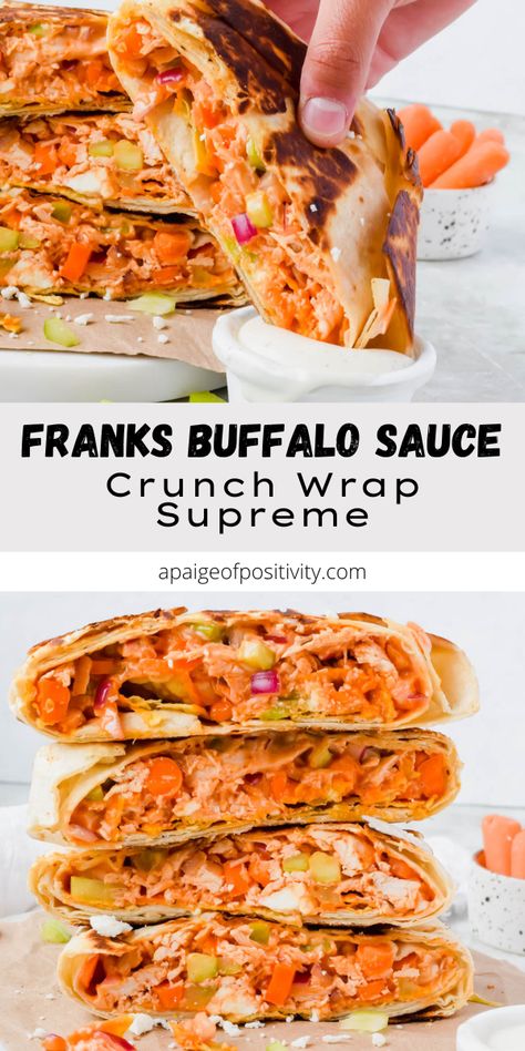 This homemade Buffalo Chicken Crunch Wrap is stuffed with spicy shredded chicken and fresh veggies with creamy feta and ranch dressing to contrast the heat. Buffalo Chicken Crunch Wrap Recipe, Buffalo Chicken Crunchwrap, Buffalo Chicken Wraps Crockpot, Crunch Wrap Black Stone, Crunch Wrap Ideas, Buffalo Chicken Wraps Recipes, Healthy Buffalo Chicken Wraps, Buffalo Chicken Crunch Wrap, Chicken Crunch Wrap