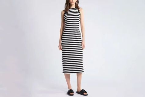 Gwyneth Paltrow’s Flattering Dress Just Sold Me on the Striped Style Meghan Markle and Katie Holmes Wear, Too Striped Dresses, Just Sold, California Casual, Flattering Dress, Striped Sleeveless Dress, Katie Holmes, Striped Midi Dress, Flattering Dresses, Gwyneth Paltrow