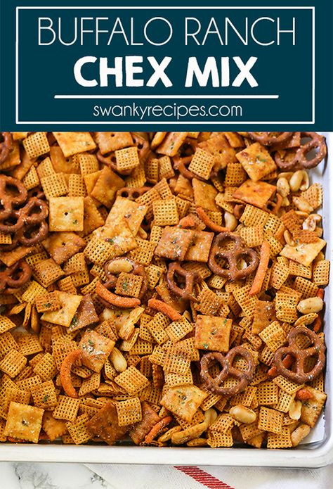 Buffalo Ranch Chex Mix - A spicy blend of cheese crackers, pretzels, nuts, and chex cereal tossed with ranch and buffalo sauce. Chec Mix Recipe Savory, Bits And Bites Recipe Ranch, Non Refrigerated Snacks, Ranch Chex Mix Recipes, Savory Chex Mix Recipes, Snacks Pretzels, Savory Chex, Ranch Chex, Homemade Chex Mix Recipe