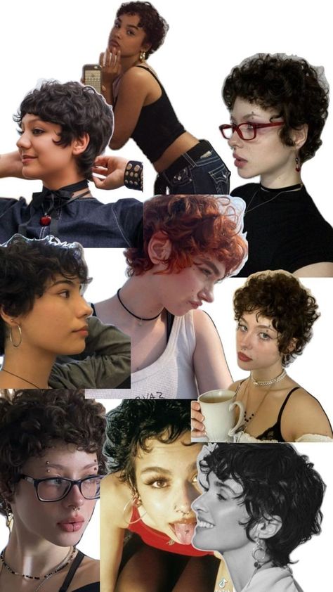 Mexican Pixie Haircut, Split Dyed Hair Short Pixie Curly, Curly Pompadour Women Short Hair, Really Short Curly Haircuts, Extra Short Curly Hair, Curly Tomboy Haircut, Long Curly Undercut, Permed Pixie Cut, Short Curly Hairdos