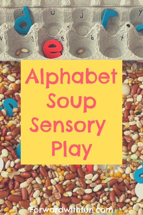 Alphabet Soup Sensory Bin engages toddlers and preschoolers in naming and matching letters while creating opportunities for imaginative play and language development. Sensory bins keep toddlers and preschoolers playing while also building fine motor skills. Do you use sensory play activities with your toddler? Sensory Language Activities, Alphabet Soup Craft Preschool, Alphabet Soup Sensory Bin, Name Sensory Bin, Alphabet Soup Craft, Alphabet Soup Preschool, Preschool Nutrition, Sensory Activity For Toddlers, Letter Play