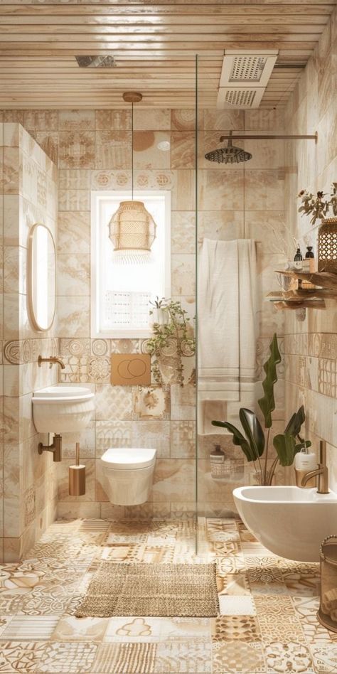 Boho Bathroom Beige, Boho Bathroom With Marble, Bathroom Ideas Bojo, Morrocon Boho Bathroom, Boho Bathroom Freestanding Tub, Small Guest Bathroom Ideas, Boho Style Bathroom, Boho Bathroom Ideas, Cozy Bathroom