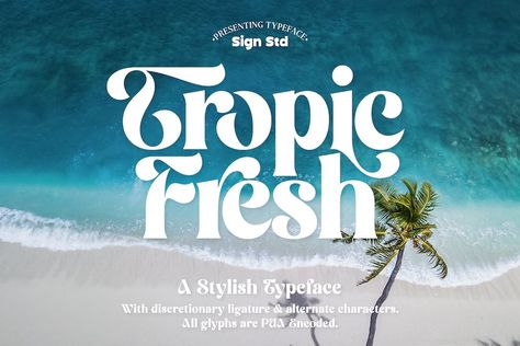 Tropic Fresh is a serif font that adapts to today’s design styles. Equipped with alternative characters and also ligature. High detail in every part of the body. Try before you buy Tropic Fresh font for iOS, Android, macOS, or Windows for free, or you can download the full version with a commercial license here. Tropic […] The post Tropic Fresh Font appeared first on FreeFontDL. Tropic Logo, Summer Font, Romantic Fonts, Script Calligraphy, Font Inspiration, Fancy Fonts, Commercial Fonts, Serif Typeface, S Design