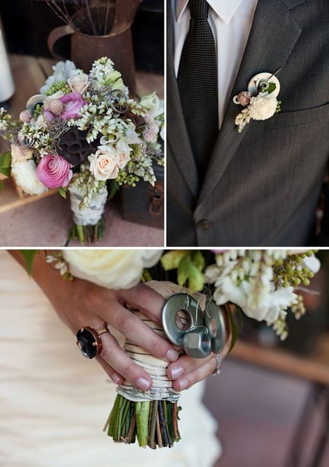 nuts and bolts in bouquet | nuts and bolt wedding bouquet and boutonniere Mechanics Wedding Theme, Racetrack Wedding, Mechanics Wedding, Mechanic Wedding, Hot Rod Wedding, Racing Wedding, Dirt Bike Wedding, Car Themed Wedding, Wedding Ides