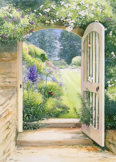 A Cotswold Manor Garden - watercolour by Dorothy Pavey Portraits Pastel, Manor Garden, Garden Watercolor, Open Door, Garden Painting, Watercolor Artists, Garden Gates, Watercolor Artist, Home Decor Tips