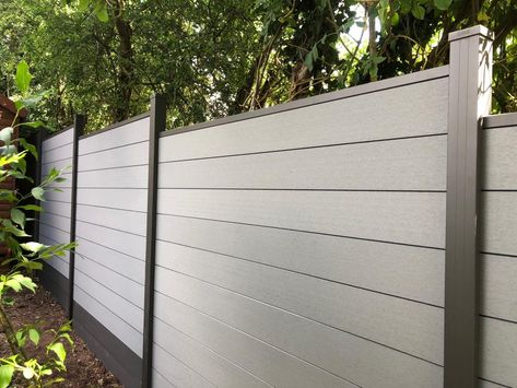 SAiGE Composite Fencing in grey and charcoal Composite Fence Ideas, Poolside Ideas, Grey Fence, Townhome Ideas, Grey Fences, Patio Oasis, Screen Patio, Modern Gardens, Privacy Fence Panels