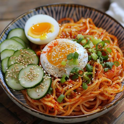 🌶️ Spice up your meal with Bibim Guksu! 🍜✨ #BibimGuksu #SpicyNoodles Bibim Guksu (Spicy Mixed Noodles) Ingredients: Somyeon noodles (8 oz) Cucumber, julienned (1) Carrot, julienned (1) Kimchi, chopped (1/2 cup) Hard-boiled egg, halved (1) Gochujang (Korean chili paste) (2 tbsp) Soy sauce (1 tbsp) Vinegar (1 tbsp) Sugar (1 tbsp) Sesame oil (1 tbsp) Sesame seeds (1 tbsp) Green onions, chopped (for garnish) Instructions: Cook somyeon noodles according to package instructions; rinse with cold... Somyeon Noodles, Bibim Guksu, Korean Noodle Dishes, Japanese Noodle Dish, Kimchi Noodles, Korean Chili, Korean Chili Paste, Cozy Fall Recipes, Korean Noodles