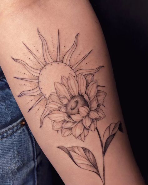 Sunflower Tattoo Sunflower Tree Tattoo, Sunflowers On Forearm Tattoo, Below Collar Bone Tattoo For Women, Black Ink Sunflower Tattoo, 3 Sunflower Tattoo Design, Spiritual Sunflower Tattoo, Sun Ad Moon Tattoo, Arm Tattoos For Women Nature, Sunflower Sunrise Tattoo