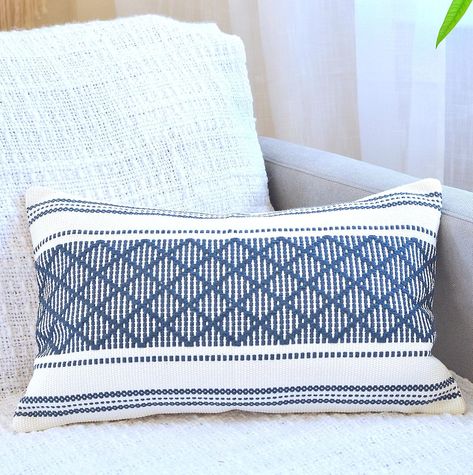 Amazon.com: Oveesha Cotton Woven Designer Lumbar Throw Pillow Cover (Color: Navy Blue/Cream White, Lumbar - 12 x 20 inches) | Oblong Small Rectangular Pillow Cover (Single Piece) : Home & Kitchen Woven Pillows, Rectangular Pillow Cover, Small Pillows, Pillow Cover Design, Lumbar Pillow Cover, Couches Living Room, White Pillows, Lumbar Throw Pillow, Colorful Pillows