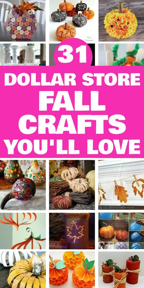 Dollar store fall crafts collage with various DIY decorations for autumn. Crafts For Fall Autumn, Fall Decor Ideas For The Home Diy Easy, Easy Fall Crafts For Adults Diy Cheap, Fall Diy Decor Dollar Store, Easy Fall Decorations Diy, Fall Dollar Tree Crafts, Dollar Tree Wreaths, Easy Fall Crafts For Adults, Dollar Store Fall Crafts