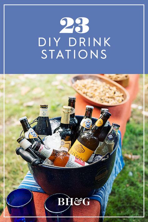 This is as easy as it gets! Please the beer-lovers in your life with an icy bucket of chilled craft brews. Or, try mixing up a festive beer cocktail. #party #partyideas #drinkstation #cocktailstation #bhg Engagement Party Beer Cooler, Keeping Drinks Cold At A Party, Cocktail Bucket Ideas, Party Cooler Ideas, Beverage Tub Ideas, Ice Bucket Ideas Drink Stations, Beer Cooler Ideas, Ice Bucket Ideas, Drink Station Ideas