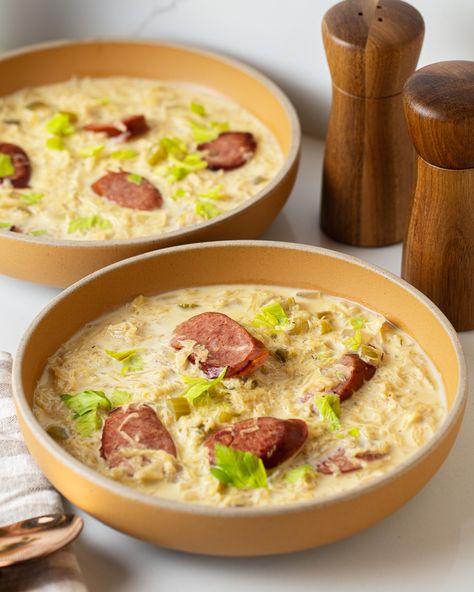 Sourkraut And Sausage Potato Soup, Creamy Sauerkraut Soup, Smoked Sausage Sauerkraut Recipe, Kielbasa Sauerkraut Soup, Saurkraut Recipes Using, Dinner Recipes With Sauerkraut, Polish Sauerkraut Soup, Healthy European Recipes, Sauerkraut And Sausage Recipes