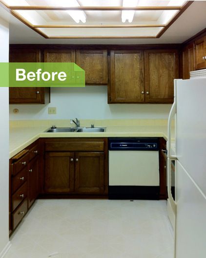 Dark cabinetry, fluorescent lighting and mismatched appliances made for a poorly lit and outdated-looking kitchen.by Jon+Aud Design Townhouse Renovation, Fluorescent Lighting, Home Improvement Diy, Diy Decorating, Fluorescent Light, Fixer Upper, Kitchen Lighting, Home A, Architects