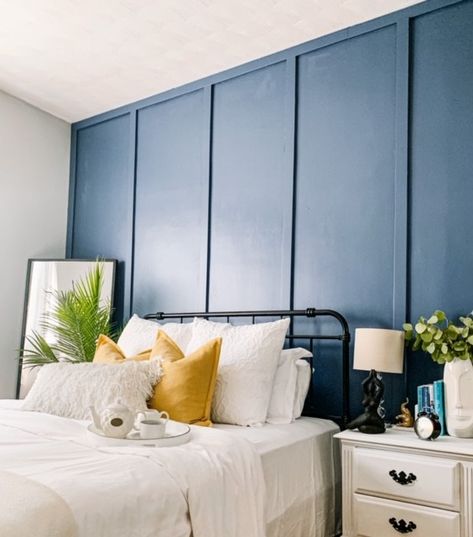 Easy Diy Board And Batten Accent Wall, Board And Batten Wall Full Length, Board And Batten Vertical Wall, Accent Wall Measurements, Batten Board Wall Designs, Board And Batten Wall Blue, Airbnb Accent Wall, Renter Friendly Accent Wall Bedroom, Blue Board And Batten Wall