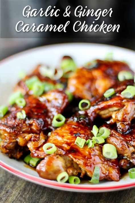 Carmel Chicken, Ginger Caramel, Asian Chicken Thighs, Caramel Chicken, Ginger Chicken Recipes, Homemade Chinese Food, Garlic And Ginger, Ginger Chicken, Dutch Oven Recipes