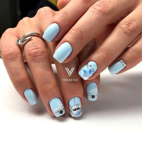 Light Blue Square Acrylic Nails, Airplane Nails, Blue Square Acrylic Nails, Blue Square Acrylic, Nails 2017 Trends, Travel Nails, Summer Nails Beach, Bright Summer Nails, Blue Nail Designs