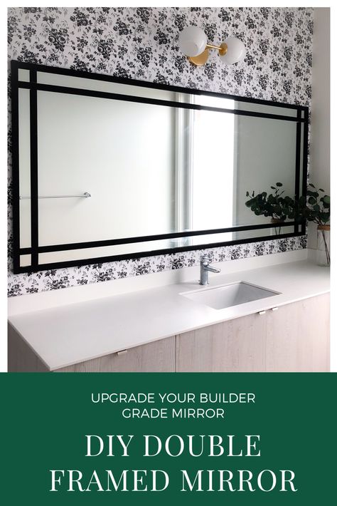 Framed Out Bathroom Mirror, Bathroom Mirror Alternatives, Moulding Around Bathroom Mirror, Budget Bathroom Mirror, Contractor Grade Mirror Makeover, Repurposed Bathroom Mirror, Big Mirror Frame Ideas, Unique Towel Bars Bathroom Ideas, Update Old Bathroom Mirror